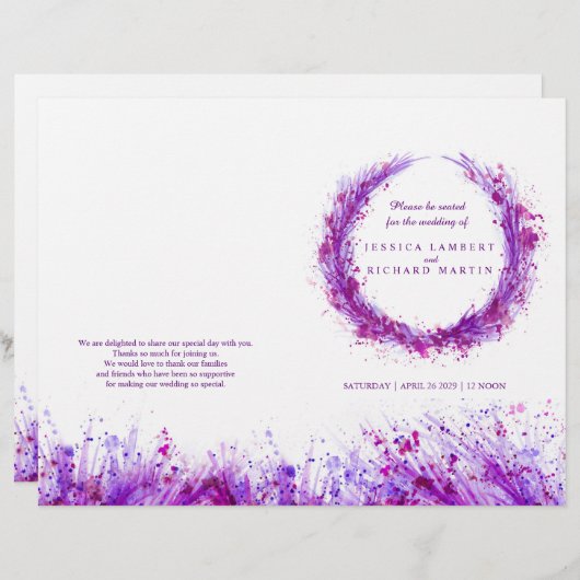 Watercolor violet splash wreath programme de maria (Devant / Derrière)