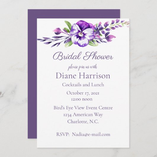 Watercolor Viooltje Bruidsfeestje Kaart (Voorkant / Achterkant)