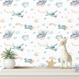 Watercolor Vliegtuigen Nursery Peel en Stick Behang
