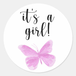 Watercolor Vlinder Het is een meisje Baby Shower Ronde Sticker