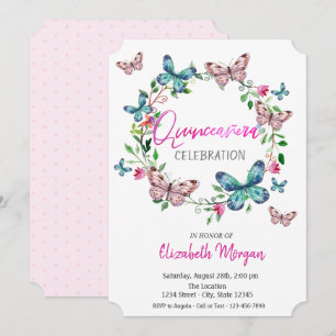 Watercolor Vlinders Roze Stippen Quinceanera Kaart