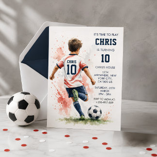 Watercolor Voetbal Jongens Verjaardagsfeest Uitnod Kaart