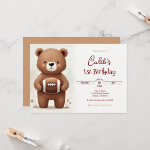 Watercolor Voetbal Teddybeer 1e Verjaardagsfeestje Kaart