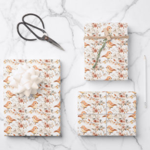 Watercolor Vogels & Bloemen op Wit Inpakpapier Vel