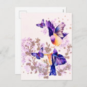 Watercolor Vogels Bloemig Paars Glitter Feestdagenkaart (Voorkant / Achterkant)