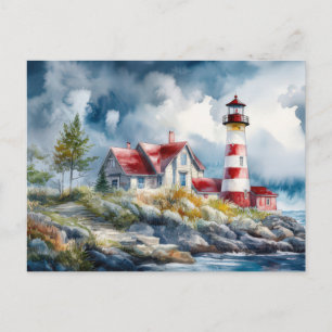 Watercolor Vuurtoren Kust Kunst Ansichtkaart Briefkaart