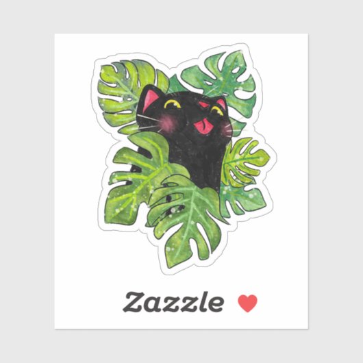 Watercolor Whimsical Black Cat And Monstera Leaves Sticker (Vel)