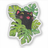 Watercolor Whimsical Black Cat And Monstera Leaves Sticker (Voorkant)