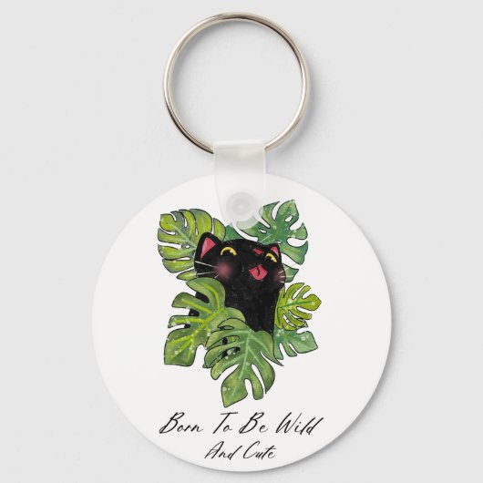 Watercolor Whimsical Black Cat And Monstera Sleutelhanger (Voorkant)