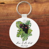 Watercolor Whimsical Black Cat And Monstera Sleutelhanger (Voorkant)