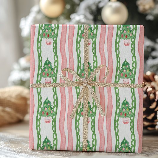 Watercolor Whimsical Striped Christmas Trees Cadeaupapier