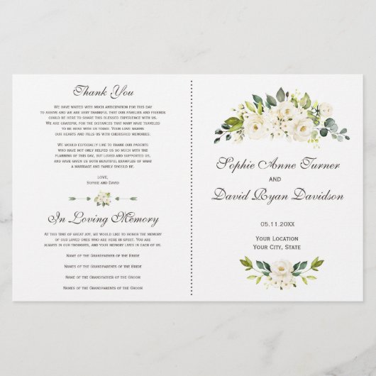 Watercolor White Flowers Bouquet Wedding Programme (Devant)