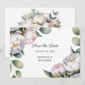 Watercolor White Peonies Wedding Save The Date (Voorkant / Achterkant)