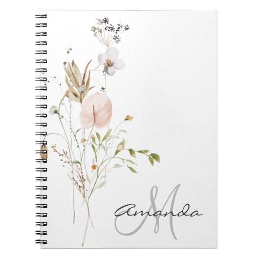 Watercolor Wilde Bloem Monogram Naam Notitieboek (Voorkant)