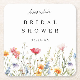 Watercolor Wilde Bloemen Bruidsdouche Vierkante Kartonnen Onderzetter