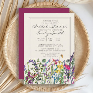 Watercolor Wilde Bloemen Crème Paarse Bruiloftsfee Kaart