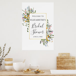 Watercolor Wilde Bloemen Gouden Lijst Bruidsdouche Poster