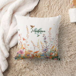 Watercolor Wilde Bloemen Monogram Gepersonaliseerd Kussen