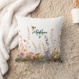 Watercolor Wilde Bloemen Monogram Gepersonaliseerd Kussen