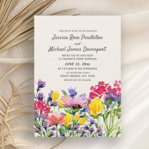 Watercolor Wilde Bloemen Paars Geel Rood Trouwen Kaart