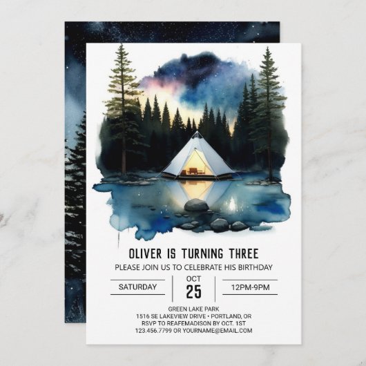 Watercolor Wilderness Camper Invitation d'annivers (Devant / Derrière)