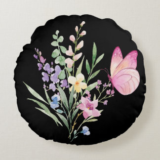 Watercolor Wildflower Bouquet with Pink Butterfly Rond Kussen