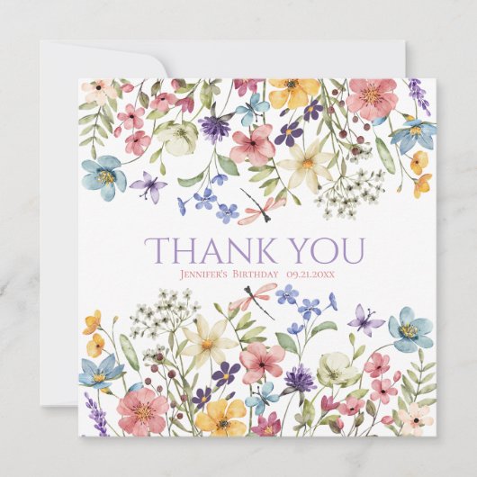 Watercolor Wildflower Girl 1st Birthday Bedankkaart (Voorkant)