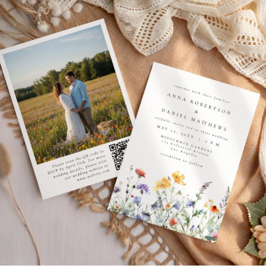Watercolor Wildflower QR Code Photo Wedding Kaart