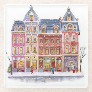 Watercolor Winterdorp Kerststad Glazen Onderzetter