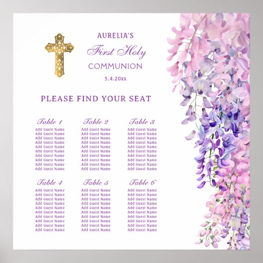 Watercolor Wisteria First Communion Seating Chart Poster (Voorkant)