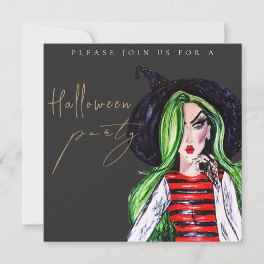Watercolor Witch Adult Halloween Party Invitation (Devant)