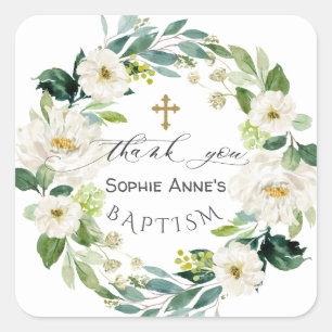 Watercolor Witte Bloemen Krans Kruis Doop    Vierkante Sticker