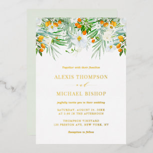 Watercolor Witte Orchideeën en Kumquats Bruiloft Folie Uitnodiging