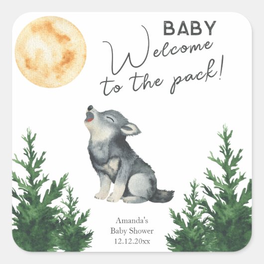 Watercolor Wolf Baby Shower Vierkante Sticker (Voorkant)