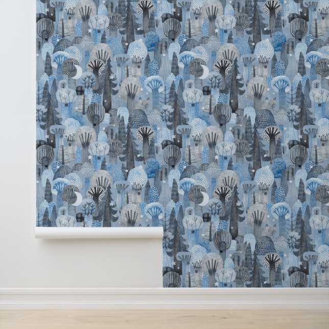 Watercolor Wolf In het winter bos Blauw Behang (Applicatie)