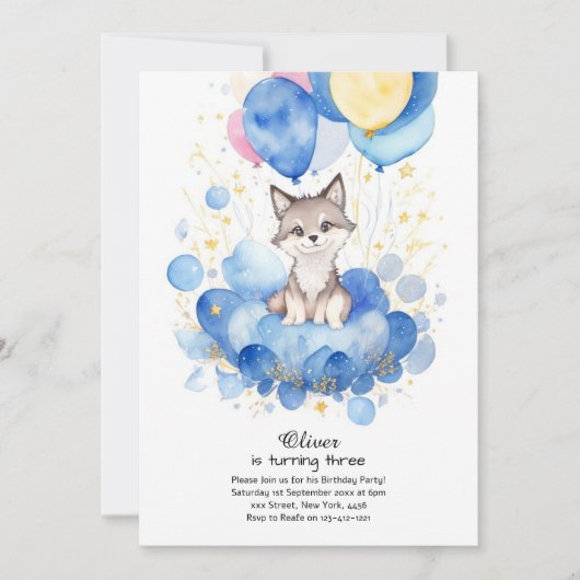 Watercolor Wolf Pup Invitation d'anniversaire (Devant)