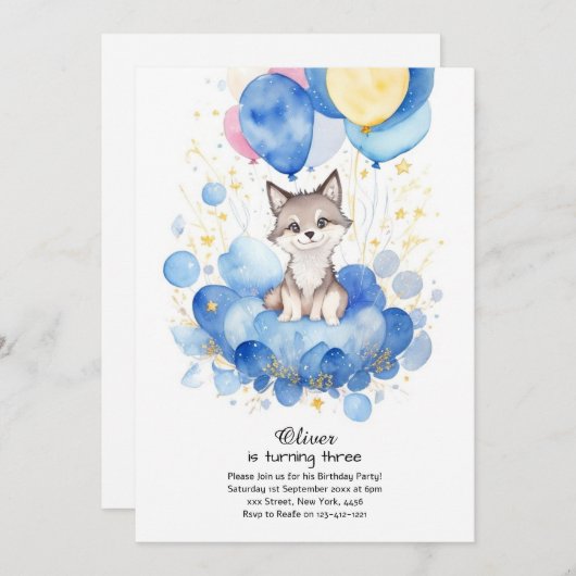 Watercolor Wolf Pup Invitation d'anniversaire (Devant / Derrière)