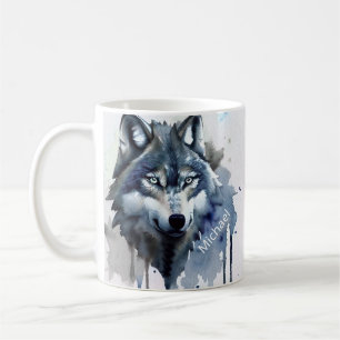 Watercolor Wolfskop Stofblauw Monogram Koffiemok