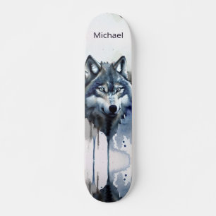 Watercolor Wolfskop Stofblauw Skateboard