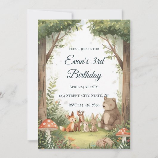 Watercolor Woodland Creatures Birthday Invite Kaart (Voorkant)