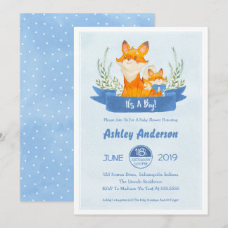 Watercolor Woodland Fox Boy Baby shower Invitation