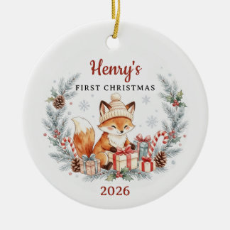 Watercolor Woodland Vos Baby 1e Kerstmis Keramisch Ornament