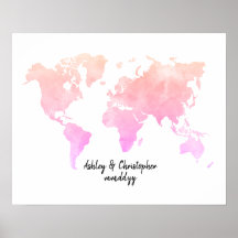 Watercolor World Map Mariage Livre d'or Art Imprim