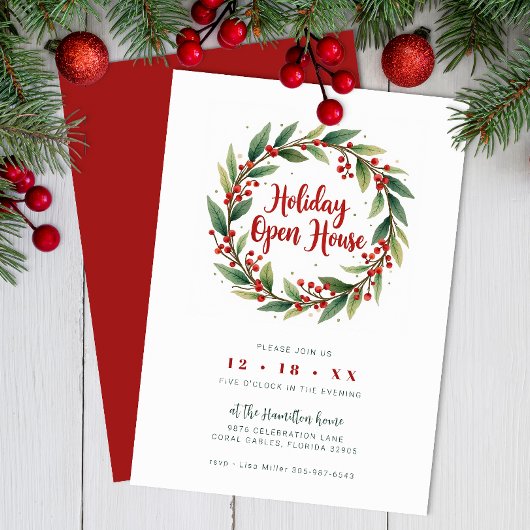 Watercolor Wreath Holiday Open House Invitation