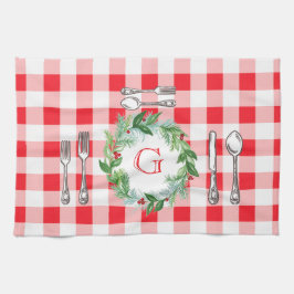 Watercolor Xmas Wreath MONOGRAM Red Check  Theedoek