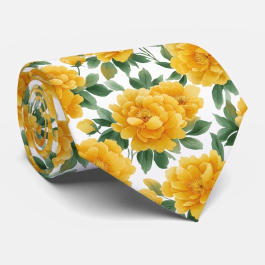Watercolor Yellow Peony Floral Pattern Stropdas (Opgerold)