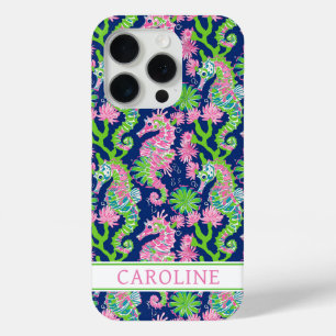 Watercolor Zeepaarden met Monogram iPhone 15 Pro Case