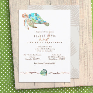 Watercolor Zeeschildpad & Monstera Blad Bruiloft Kaart