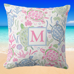 Watercolor Zeeschildpadden  Monogram / Kust Oceaan Kussen