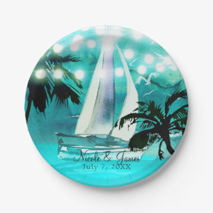 Watercolor Zeilboot Palmbomen & Lichtslingers Papieren Bordje